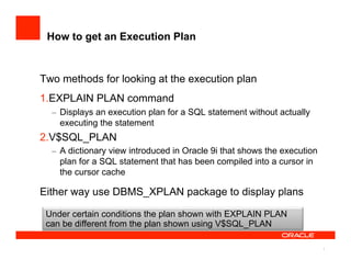 How to get an Execution Plan


Two methods for looking at the execution plan
1. EXPLAIN PLAN command
  –  Displays an execution plan for a SQL statement without actually
     executing the statement
2. V$SQL_PLAN
  –  A dictionary view introduced in Oracle 9i that shows the execution
     plan for a SQL statement that has been compiled into a cursor in
     the cursor cache

Either way use DBMS_XPLAN package to display plans

 Under certain conditions the plan shown with EXPLAIN PLAN
 can be different from the plan shown using V$SQL_PLAN

                                                                          7
 