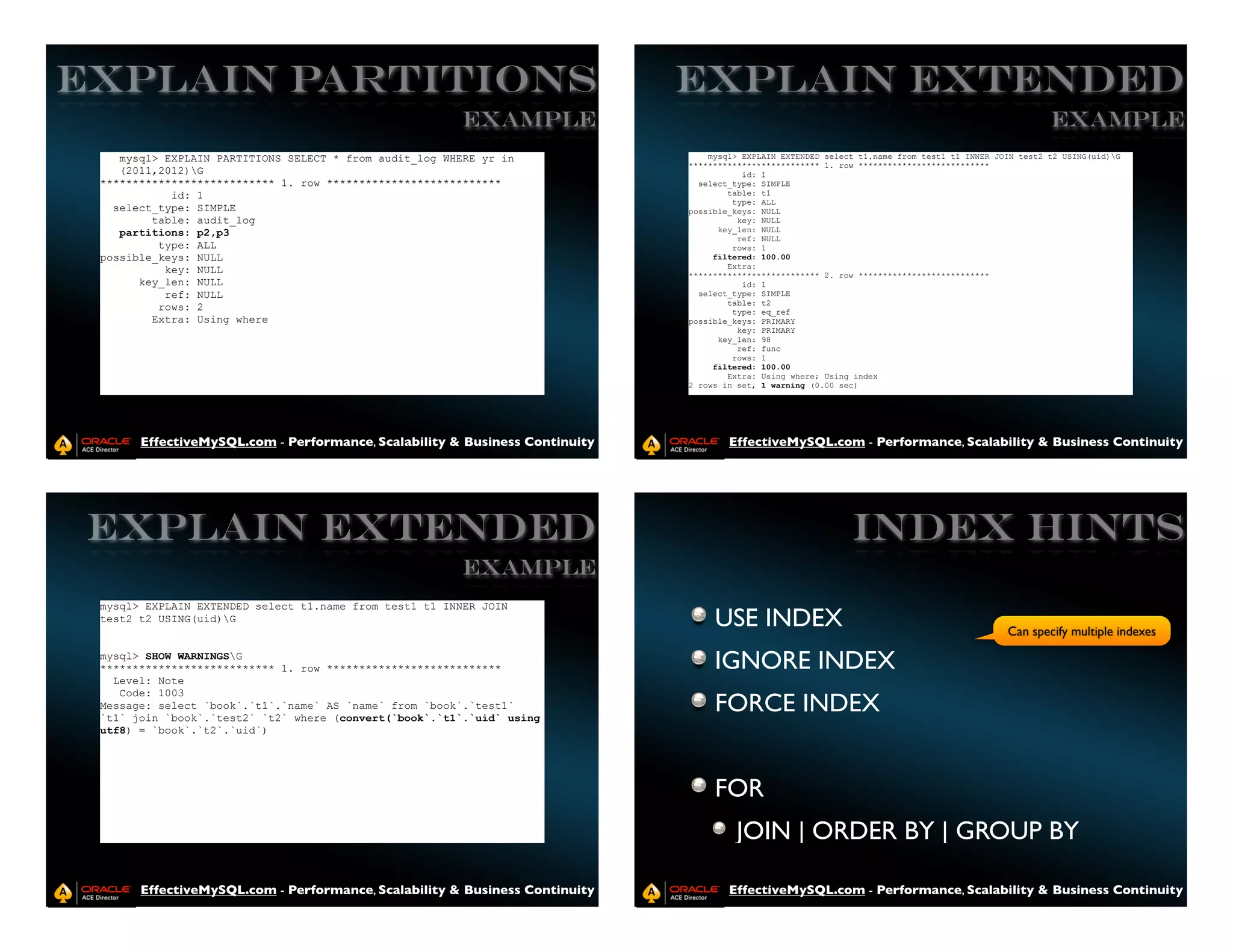 EXPLAIN PARTITIONS                                                           EXPLAIN EXTENDED
                                                        Example                                                                                        Example
    mysql> EXPLAIN PARTITIONS SELECT * from audit_log WHERE yr in                mysql> EXPLAIN EXTENDED select t1.name from test1 t1 INNER JOIN test2 t2 USING(uid)G
                                                                             *************************** 1. row ***************************
    (2011,2012)G                                                                       id: 1
 *************************** 1. row ***************************                select_type: SIMPLE
            id: 1                                                                    table: t1
                                                                                      type: ALL
   select_type: SIMPLE                                                       possible_keys: NULL
         table: audit_log                                                              key: NULL
    partitions: p2,p3                                                              key_len: NULL
                                                                                       ref: NULL
          type: ALL                                                                   rows: 1
 possible_keys: NULL                                                              filtered: 100.00
                                                                                     Extra:
           key: NULL                                                         *************************** 2. row ***************************
       key_len: NULL                                                                    id: 1
           ref: NULL                                                           select_type: SIMPLE
                                                                                     table: t2
          rows: 2                                                                     type: eq_ref
         Extra: Using where                                                  possible_keys: PRIMARY
                                                                                       key: PRIMARY
                                                                                   key_len: 98
                                                                                       ref: func
                                                                                      rows: 1
                                                                                  filtered: 100.00
                                                                                     Extra: Using where; Using index
                                                                             2 rows in set, 1 warning (0.00 sec)




       EffectiveMySQL.com - Performance, Scalability & Business Continuity           EffectiveMySQL.com - Performance, Scalability & Business Continuity




 EXPLAIN EXTENDED                                                                                             INDEX HINTS
                                                        Example
 mysql> EXPLAIN EXTENDED select t1.name from test1 t1 INNER JOIN
 test2 t2 USING(uid)G                                                            USE INDEX                                                   Can specify multiple indexes
 mysql> SHOW WARNINGSG
 *************************** 1. row ***************************                   IGNORE INDEX
   Level: Note
    Code: 1003
 Message: select `book`.`t1`.`name` AS `name` from `book`.`test1`
 `t1` join `book`.`test2` `t2` where (convert(`book`.`t1`.`uid` using
                                                                                  FORCE INDEX
 utf8) = `book`.`t2`.`uid`)




                                                                                  FOR
                                                                                      JOIN | ORDER BY | GROUP BY

       EffectiveMySQL.com - Performance, Scalability & Business Continuity           EffectiveMySQL.com - Performance, Scalability & Business Continuity
 