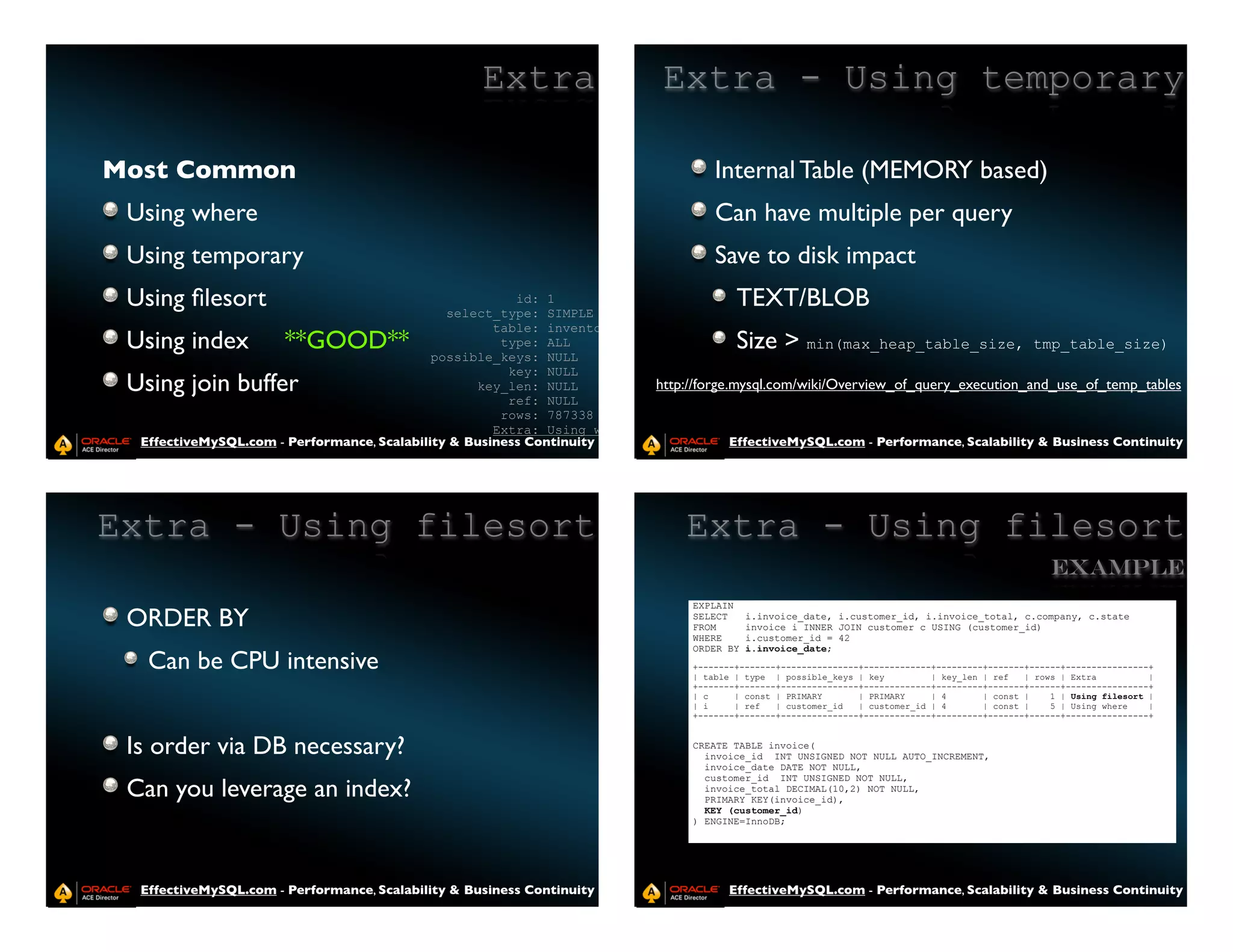 Extra                   Extra - Using temporary

Most Common                                                                         Internal Table (MEMORY based)
 Using where                                                                        Can have multiple per query
 Using temporary                                                                    Save to disk impact
 Using ﬁlesort                                           id: 1
                                               select_type: SIMPLE
                                                                                        TEXT/BLOB
                                                      table: inventory
 Using index           **GOOD**                        type: ALL
                                             possible_keys: NULL
                                                                                        Size > min(max_heap_table_size,                          tmp_table_size)
                                                        key: NULL
 Using join buffer                                 key_len: NULL           http://forge.mysql.com/wiki/Overview_of_query_execution_and_use_of_temp_tables
                                                        ref: NULL
                                                       rows: 787338
                                                      Extra: Using where
  EffectiveMySQL.com - Performance, Scalability & Business Continuity                 EffectiveMySQL.com - Performance, Scalability & Business Continuity




Extra - Using filesort                                                         Extra - Using filesort
                                                                                                                                                     Example
                                                                                EXPLAIN
 ORDER BY                                                                       SELECT
                                                                                FROM
                                                                                           i.invoice_date, i.customer_id, i.invoice_total, c.company, c.state
                                                                                           invoice i INNER JOIN customer c USING (customer_id)
                                                                                WHERE      i.customer_id = 42
                                                                                ORDER BY   i.invoice_date;
   Can be CPU intensive                                                         +-------+-------+---------------+-------------+---------+-------+------+----------------+
                                                                                | table | type | possible_keys | key          | key_len | ref   | rows | Extra          |
                                                                                +-------+-------+---------------+-------------+---------+-------+------+----------------+
                                                                                | c     | const | PRIMARY       | PRIMARY     | 4       | const |    1 | Using filesort |
                                                                                | i     | ref   | customer_id   | customer_id | 4       | const |    5 | Using where    |
                                                                                +-------+-------+---------------+-------------+---------+-------+------+----------------+



 Is order via DB necessary?                                                     CREATE TABLE invoice(
                                                                                  invoice_id INT UNSIGNED NOT NULL AUTO_INCREMENT,
                                                                                  invoice_date DATE NOT NULL,

 Can you leverage an index?
                                                                                  customer_id INT UNSIGNED NOT NULL,
                                                                                  invoice_total DECIMAL(10,2) NOT NULL,
                                                                                  PRIMARY KEY(invoice_id),
                                                                                  KEY (customer_id)
                                                                                ) ENGINE=InnoDB;




  EffectiveMySQL.com - Performance, Scalability & Business Continuity                 EffectiveMySQL.com - Performance, Scalability & Business Continuity
 