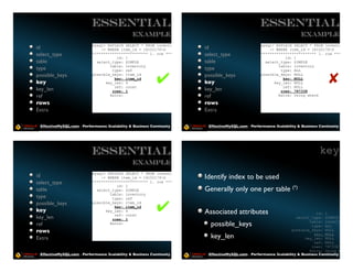Essential                                                                     Essential
                                                Example                                                                       Example
                           mysql> EXPLAIN SELECT * FROM inventory                                        mysql> EXPLAIN SELECT * FROM inventory
id                             -> WHERE item_id = 16102176G                  id                             -> WHERE item_id = 16102176G
select_type                                                                   select_type
                           ************************* 1. row **********************                       ************************* 1. row *********
                                                                                                         *************************** 1. row *******
                                      id: 1                                                                         id: 1
table                        select_type: SIMPLE                              table                        select_type: SIMPLE
                                   table: inventory                                                              table: inventory
type                                type: ref                                 type                                type: ref
                                                                                                                        ALL
possible_keys
                                                             !                possible_keys
                                                                                                                                            "
                           possible_keys: item_id                                                        possible_keys: item_id
                                                                                                                        NULL
                                     key: item_id                                                                  key: item_id
                                                                                                                        NULL
key                              key_len: 4                                   key                              key_len: 4
                                                                                                                        NULL
                                     ref: const                                                                    ref: const
                                                                                                                        NULL
key_len                             rows: 1                                   key_len                             rows: 1
                                                                                                                        787338
ref                                Extra:                                     ref                                Extra: Using where

rows                                                                         rows
Extra                                                                        Extra

 EffectiveMySQL.com - Performance, Scalability & Business Continuity           EffectiveMySQL.com - Performance, Scalability & Business Continuity




                           Essential                                                                                                    key
                                                Example
                           mysql> EXPLAIN SELECT * FROM inventory
id                             -> WHERE item_id = 16102176G                 Identify index to be used
select_type                ************************* 1. row **********************
                                      id: 1
table                        select_type: SIMPLE                             Generally only one per table (*)
                                   table: inventory
type                                type: ref
possible_keys
                                                             !
                           possible_keys: item_id
                                     key: item_id
key                              key_len: 4                                  Associated attributes                                    id: 1
                                     ref: const
key_len                             rows: 1                                                                                 select_type: SIMPLE
ref                                Extra:                                       possible_keys                                      table: inventory
                                                                                                                                    type: ALL
rows                                                                                                                      possible_keys: NULL

Extra                                                                           key_len                                              key: NULL
                                                                                                                                key_len: NULL
                                                                                                                                     ref: NULL
                                                                                                                                    rows: 787338
                                                                                                                                   Extra: Using where
 EffectiveMySQL.com - Performance, Scalability & Business Continuity           EffectiveMySQL.com - Performance, Scalability & Business Continuity
 