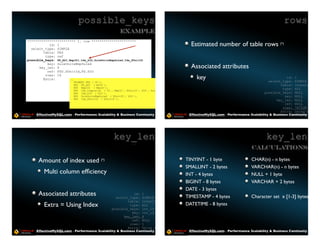 possible_keys                                                                                                               rows
                                                        Example
************************ 1. row **********************
           id: 1                                                                                     Estimated number of table rows (*)
  select_type: SIMPLE
        table: FES
         type: ref
possible_keys: FK_ASI,EmpID1,Idx_SID,SuleUnitsEmpSuled,Idx_SUnitID

                                                                                                     Associated attributes
          key: SuleUnitsEmpSuled
      key_len: 8
          ref: FSU.SUnitId,FS.SID
         rows: 26
        Extra:         ..                                                                               key                                                id: 1
                                                                                                                                                 select_type: SIMPLE
                          PRIMARY KEY (`ID`),
                          KEY `FK_ASI` (`ASID`),                                                                                                        table: inventory
                          KEY `EmpID1` (`EmpID`),                                                                                                        type: ALL
                          KEY `Idx_Composite` (`ID`,`EmpID`,`SUnitID`,`SID`,`SourceSID`,`ASID`),
                          KEY `Idx_SID` (`SID`),                                                                                               possible_keys: NULL
                          KEY `SuleUnitsEmpSuled` (`SUnitID`,`SID`),                                                                                      key: NULL
                          KEY `Idx_SUnitID` (`SUnitID`),
                                                                                                                                                     key_len: NULL
                                                                                                                                                          ref: NULL
                                                                                                                                                         rows: 787338
                                                                                                                                                        Extra: Using where
     EffectiveMySQL.com - Performance, Scalability & Business Continuity                            EffectiveMySQL.com - Performance, Scalability & Business Continuity




                                                    key_len                                                                                    key_len
                                                                                                                                       Calculations

      Amount of index used (*)                                                                     TINYINT - 1 byte                    CHAR(n) - n bytes
                                                                                                   SMALLINT - 2 bytes                  VARCHAR(n) - n bytes
         Multi column efﬁciency                                                                    INT - 4 bytes                       NULL + 1 byte
                                                                                                   BIGINT - 8 bytes                    VARCHAR + 2 bytes
                                                                                                   DATE - 3 bytes
      Associated attributes                                 id: 1
                                                  select_type: SIMPLE                              TIMESTAMP - 4 bytes                 Character set x [1-3] bytes
                                                         table: inventory
         Extra = Using Index                              type: ALL
                                                possible_keys: inv_id
                                                                                                   DATETIME - 8 bytes
                                                           key: inv_id
                                                      key_len: 4
                                                           ref: NULL
                                                          rows: 1
                                                         Extra: Using where
     EffectiveMySQL.com - Performance, Scalability & Business Continuity                            EffectiveMySQL.com - Performance, Scalability & Business Continuity
 