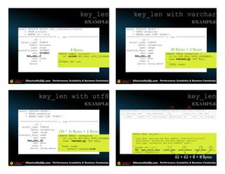 key_len                                   key_len with varchar
                                                    Example                                                                                                      Example
mysql> EXPLAIN SELECT user_id,balance,created                                     mysql> EXPLAIN SELECT *
    -> FROM accounts                                                                  -> FROM categories
    -> WHERE id = 42G                                                                -> WHERE name LIKE 'NCAA%';
*************************** 1. row **********************                         *************************** 1. row *********************
           id: 1                                                                             id: 1
  select_type: SIMPLE                                                               select_type: SIMPLE
        table: accounts                                                                   table: categories
         type: const                                                                       type: range
possible_keys: PRIMARY                   8 Bytes                                  possible_keys: name                                  30 Bytes + 2 Bytes
          key: PRIMARY      CREATE TABLE `accounts` (                                       key: name         CREATE TABLE categories (
      key_len: 8              `id` BIGINT NOT NULL AUTO_INCREMENT,                      key_len: 32             id int NOT NULL AUTO_INCREMENT,
          ref: const        ...                                                             ref: NULL           name VARCHAR(30) NOT NULL,
         rows: 1            PRIMARY KEY (id)                                               rows: 6            ...
        Extra:              ...                                                           Extra: Using where    INDEX (name)
                                                                                                              ...




     EffectiveMySQL.com - Performance, Scalability & Business Continuity                  EffectiveMySQL.com - Performance, Scalability & Business Continuity




               key_len with utf8                                                                                                                           key_len
                                                    Example                                                                                                      Example
                                                                                                                                      (1)                  (3)
                                                                           mysql> EXPLAIN SELECT ID, post_title FROM wp_posts WHERE post_type='post' and post_date > '2010-06-01';
mysql> EXPLAIN SELECT *                                                    +----+-------------+----------+------+------------------+------------------+---------+-------+------+-------------+
    -> FROM categories                                                     | id | select_type | table    | type | possible_keys    | key              | key_len | ref   | rows | Extra       |
                                                                           +----+-------------+----------+------+------------------+------------------+---------+-------+------+-------------+
    -> WHERE name LIKE 'NCAA%';                                            | 1 | SIMPLE       | wp_posts | ref | type_status_date | type_status_date | 62       | const | 1132 | Using where |
                                                                           +----+-------------+----------+------+------------------+------------------+---------+-------+------+-------------+

***************************    1. row *********************
           id: 1
  select_type: SIMPLE
        table: categories
         type: range           (30 * 3) Bytes + 2 Bytes                                  CREATE TABLE `wp_posts` (
possible_keys: name            CREATE TABLE `categories` (                               ...
          key: name              `id` int(4) NOT NULL AUTO_INCREMENT,                      `post_date` datetime NOT NULL DEFAULT '0000-00-00 00:00:00',
      key_len: 92                `name` VARCHAR(30) NOT NULL,                              `post_status` varchar(20) NOT NULL DEFAULT 'publish',
          ref: NULL            ...                                                         `post_type` varchar(20) NOT NULL DEFAULT 'post',
         rows: 6                                                                         ...
        Extra: Using where
                                 INDEX (name)
                               ) ... DEFAULT CHARSET=utf8
                                                                                           PRIMARY KEY (`ID`),                     (1)               (2)                 (3)         (4)
                                                                                           KEY `type_status_date` (`post_type`,`post_status`,`post_date`,`ID`),
                                                                                         ) DEFAULT CHARSET=utf8

                                                                                                                                            62 + 62 + 8 + 8 Bytes
     EffectiveMySQL.com - Performance, Scalability & Business Continuity                  EffectiveMySQL.com - Performance, Scalability & Business Continuity
 