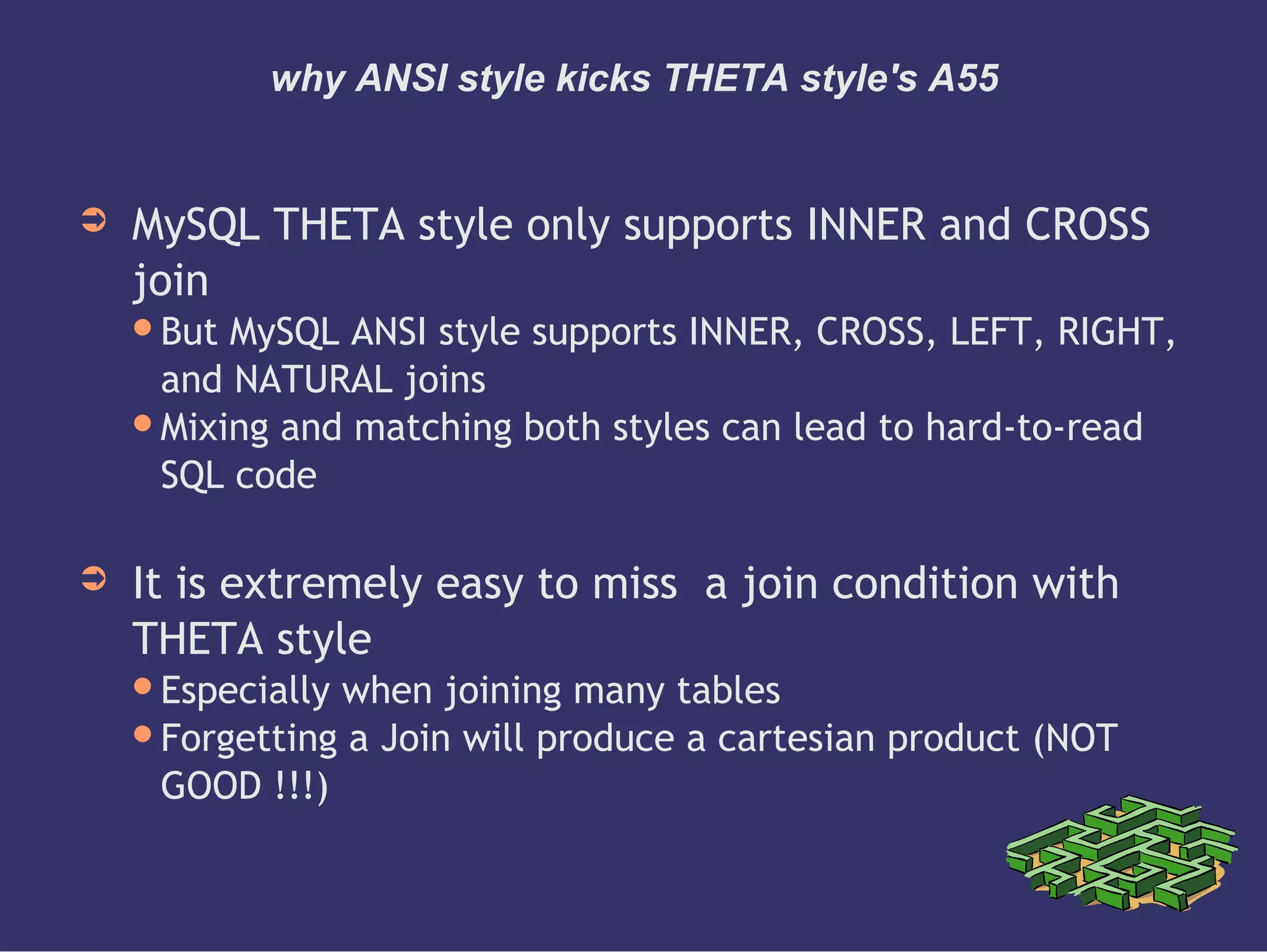 why ANSI style kicks THETA style's A55
➲ MySQL THETA style only supports INNER and CROSS
join
But MySQL ANSI style supports INNER, CROSS, LEFT, RIGHT,
and NATURAL joins
Mixing and matching both styles can lead to hard-to-read
SQL code
➲ It is extremely easy to miss a join condition with
THETA style
Especially when joining many tables
Forgetting a Join will produce a cartesian product (NOT
GOOD !!!)
 