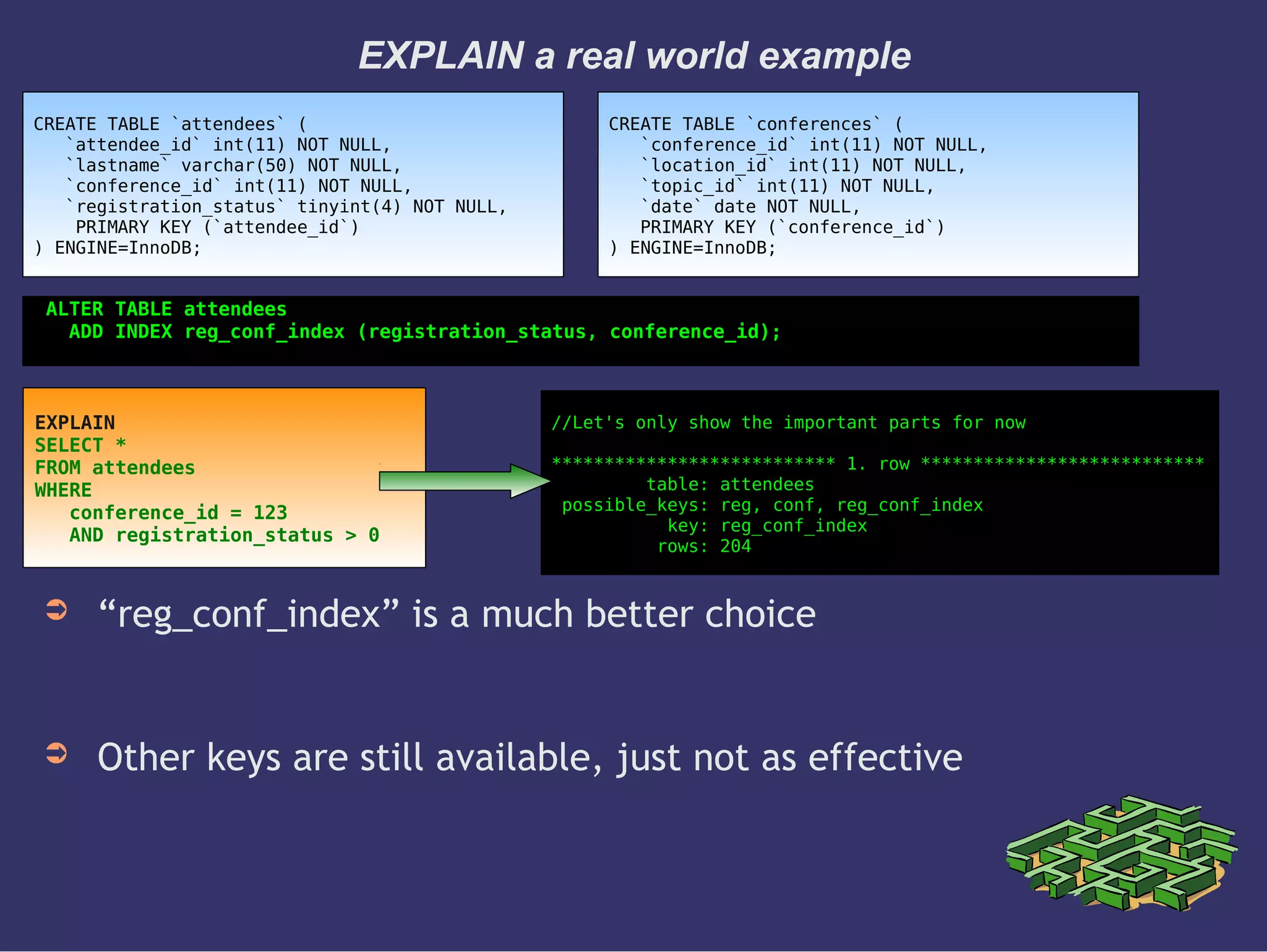 EXPLAIN a real world example
➲ “reg_conf_index” is a much better choice
➲ Other keys are still available, just not as effective
CREATE TABLE `attendees` (
`attendee_id` int(11) NOT NULL,
`lastname` varchar(50) NOT NULL,
`conference_id` int(11) NOT NULL,
`registration_status` tinyint(4) NOT NULL,
PRIMARY KEY (`attendee_id`)
) ENGINE=InnoDB;
EXPLAIN
SELECT *
FROM attendees
WHERE
conference_id = 123
AND registration_status > 0
//Let's only show the important parts for now
*************************** 1. row ***************************
table: attendees
possible_keys: reg, conf, reg_conf_index
key: reg_conf_index
rows: 204
CREATE TABLE `conferences` (
`conference_id` int(11) NOT NULL,
`location_id` int(11) NOT NULL,
`topic_id` int(11) NOT NULL,
`date` date NOT NULL,
PRIMARY KEY (`conference_id`)
) ENGINE=InnoDB;
ALTER TABLE attendees
ADD INDEX reg_conf_index (registration_status, conference_id);
 
