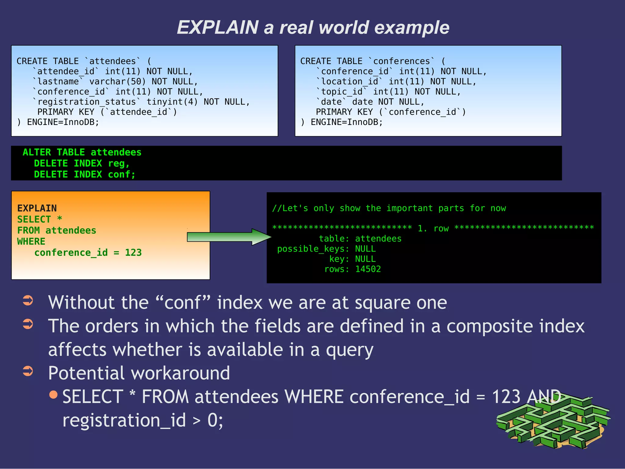 EXPLAIN a real world example
➲ Without the “conf” index we are at square one
➲ The orders in which the fields are defined in a composite index
affects whether is available in a query
➲ Potential workaround
SELECT * FROM attendees WHERE conference_id = 123 AND
registration_id > 0;
CREATE TABLE `attendees` (
`attendee_id` int(11) NOT NULL,
`lastname` varchar(50) NOT NULL,
`conference_id` int(11) NOT NULL,
`registration_status` tinyint(4) NOT NULL,
PRIMARY KEY (`attendee_id`)
) ENGINE=InnoDB;
EXPLAIN
SELECT *
FROM attendees
WHERE
conference_id = 123
//Let's only show the important parts for now
*************************** 1. row ***************************
table: attendees
possible_keys: NULL
key: NULL
rows: 14502
CREATE TABLE `conferences` (
`conference_id` int(11) NOT NULL,
`location_id` int(11) NOT NULL,
`topic_id` int(11) NOT NULL,
`date` date NOT NULL,
PRIMARY KEY (`conference_id`)
) ENGINE=InnoDB;
ALTER TABLE attendees
DELETE INDEX reg,
DELETE INDEX conf;
 