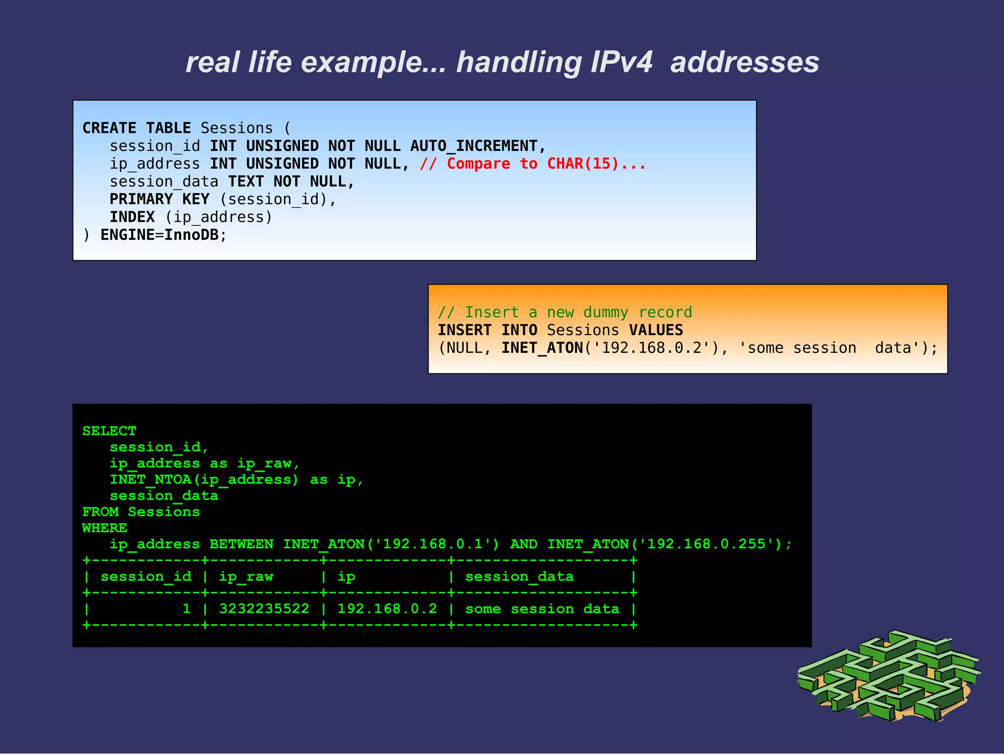 real life example... handling IPv4 addresses
CREATE TABLE Sessions (
session_id INT UNSIGNED NOT NULL AUTO_INCREMENT,
ip_address INT UNSIGNED NOT NULL, // Compare to CHAR(15)...
session_data TEXT NOT NULL,
PRIMARY KEY (session_id),
INDEX (ip_address)
) ENGINE=InnoDB;
// Insert a new dummy record
INSERT INTO Sessions VALUES
(NULL, INET_ATON('192.168.0.2'), 'some session data');
SELECT
session_id,
ip_address as ip_raw,
INET_NTOA(ip_address) as ip,
session_data
FROM Sessions
WHERE
ip_address BETWEEN INET_ATON('192.168.0.1') AND INET_ATON('192.168.0.255');
+------------+------------+-------------+-------------------+
| session_id | ip_raw | ip | session_data |
+------------+------------+-------------+-------------------+
| 1 | 3232235522 | 192.168.0.2 | some session data |
+------------+------------+-------------+-------------------+
 
