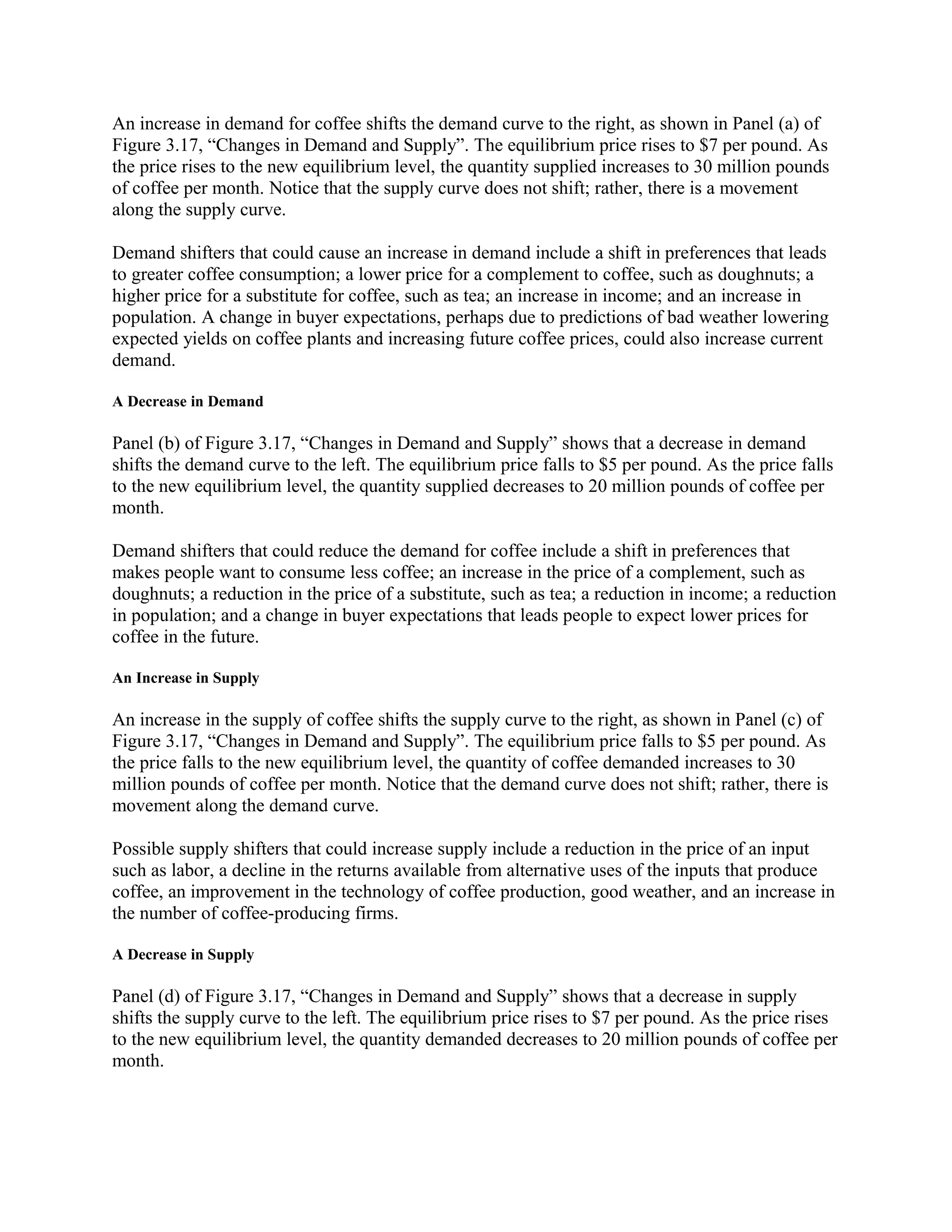 An increase in demand for coffee shifts the demand curve to the right, as shown in Panel (a) of
Figure 3.17, “Changes in Demand and Supply”. The equilibrium price rises to $7 per pound. As
the price rises to the new equilibrium level, the quantity supplied increases to 30 million pounds
of coffee per month. Notice that the supply curve does not shift; rather, there is a movement
along the supply curve.
Demand shifters that could cause an increase in demand include a shift in preferences that leads
to greater coffee consumption; a lower price for a complement to coffee, such as doughnuts; a
higher price for a substitute for coffee, such as tea; an increase in income; and an increase in
population. A change in buyer expectations, perhaps due to predictions of bad weather lowering
expected yields on coffee plants and increasing future coffee prices, could also increase current
demand.
A Decrease in Demand
Panel (b) of Figure 3.17, “Changes in Demand and Supply” shows that a decrease in demand
shifts the demand curve to the left. The equilibrium price falls to $5 per pound. As the price falls
to the new equilibrium level, the quantity supplied decreases to 20 million pounds of coffee per
month.
Demand shifters that could reduce the demand for coffee include a shift in preferences that
makes people want to consume less coffee; an increase in the price of a complement, such as
doughnuts; a reduction in the price of a substitute, such as tea; a reduction in income; a reduction
in population; and a change in buyer expectations that leads people to expect lower prices for
coffee in the future.
An Increase in Supply
An increase in the supply of coffee shifts the supply curve to the right, as shown in Panel (c) of
Figure 3.17, “Changes in Demand and Supply”. The equilibrium price falls to $5 per pound. As
the price falls to the new equilibrium level, the quantity of coffee demanded increases to 30
million pounds of coffee per month. Notice that the demand curve does not shift; rather, there is
movement along the demand curve.
Possible supply shifters that could increase supply include a reduction in the price of an input
such as labor, a decline in the returns available from alternative uses of the inputs that produce
coffee, an improvement in the technology of coffee production, good weather, and an increase in
the number of coffee-producing firms.
A Decrease in Supply
Panel (d) of Figure 3.17, “Changes in Demand and Supply” shows that a decrease in supply
shifts the supply curve to the left. The equilibrium price rises to $7 per pound. As the price rises
to the new equilibrium level, the quantity demanded decreases to 20 million pounds of coffee per
month.
 