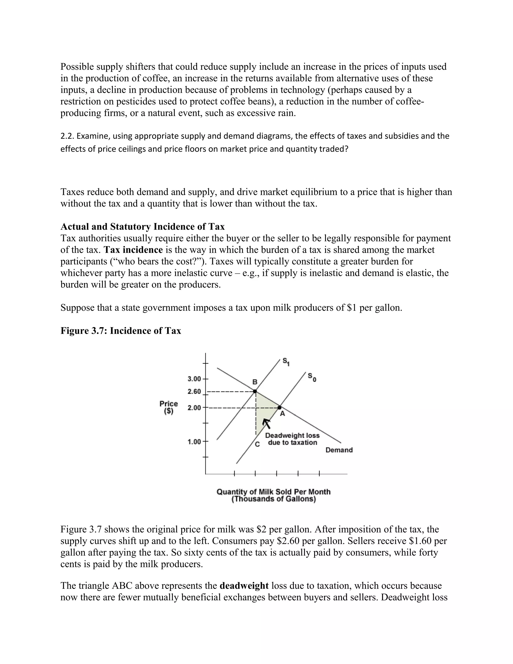 Possible supply shifters that could reduce supply include an increase in the prices of inputs used
in the production of coffee, an increase in the returns available from alternative uses of these
inputs, a decline in production because of problems in technology (perhaps caused by a
restriction on pesticides used to protect coffee beans), a reduction in the number of coffee-
producing firms, or a natural event, such as excessive rain.
2.2. Examine, using appropriate supply and demand diagrams, the effects of taxes and subsidies and the
effects of price ceilings and price floors on market price and quantity traded?
Taxes reduce both demand and supply, and drive market equilibrium to a price that is higher than
without the tax and a quantity that is lower than without the tax.
Actual and Statutory Incidence of Tax
Tax authorities usually require either the buyer or the seller to be legally responsible for payment
of the tax. Tax incidence is the way in which the burden of a tax is shared among the market
participants (“who bears the cost?”). Taxes will typically constitute a greater burden for
whichever party has a more inelastic curve – e.g., if supply is inelastic and demand is elastic, the
burden will be greater on the producers.
Suppose that a state government imposes a tax upon milk producers of $1 per gallon.
Figure 3.7: Incidence of Tax
Figure 3.7 shows the original price for milk was $2 per gallon. After imposition of the tax, the
supply curves shift up and to the left. Consumers pay $2.60 per gallon. Sellers receive $1.60 per
gallon after paying the tax. So sixty cents of the tax is actually paid by consumers, while forty
cents is paid by the milk producers.
The triangle ABC above represents the deadweight loss due to taxation, which occurs because
now there are fewer mutually beneficial exchanges between buyers and sellers. Deadweight loss
 