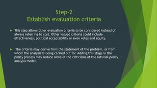 Step-2
Establish evaluation criteria
 This step allows other evaluation criteria to be considered instead of
always referring to cost. Other valued criteria could include
effectiveness, political acceptability or even votes and equity.
 The criteria may derive from the statement of the problem, or from
whom the analysis is being carried out for. Adding this stage in the
policy process may reduce some of the criticisms of the rational policy
analysis model.
 
