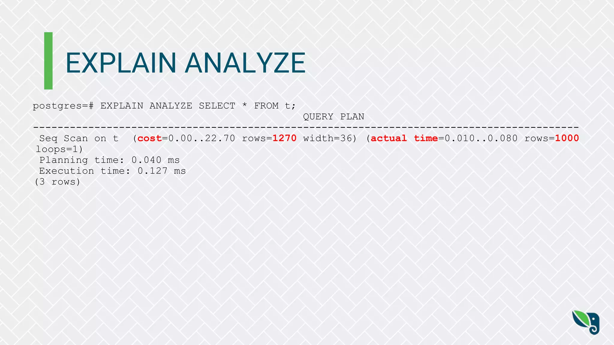 EXPLAIN ANALYZE
postgres=# EXPLAIN ANALYZE SELECT * FROM t;
QUERY PLAN
-----------------------------------------------------------------------------------------
Seq Scan on t (cost=0.00..22.70 rows=1270 width=36) (actual time=0.010..0.080 rows=1000
loops=1)
Planning time: 0.040 ms
Execution time: 0.127 ms
(3 rows)
 