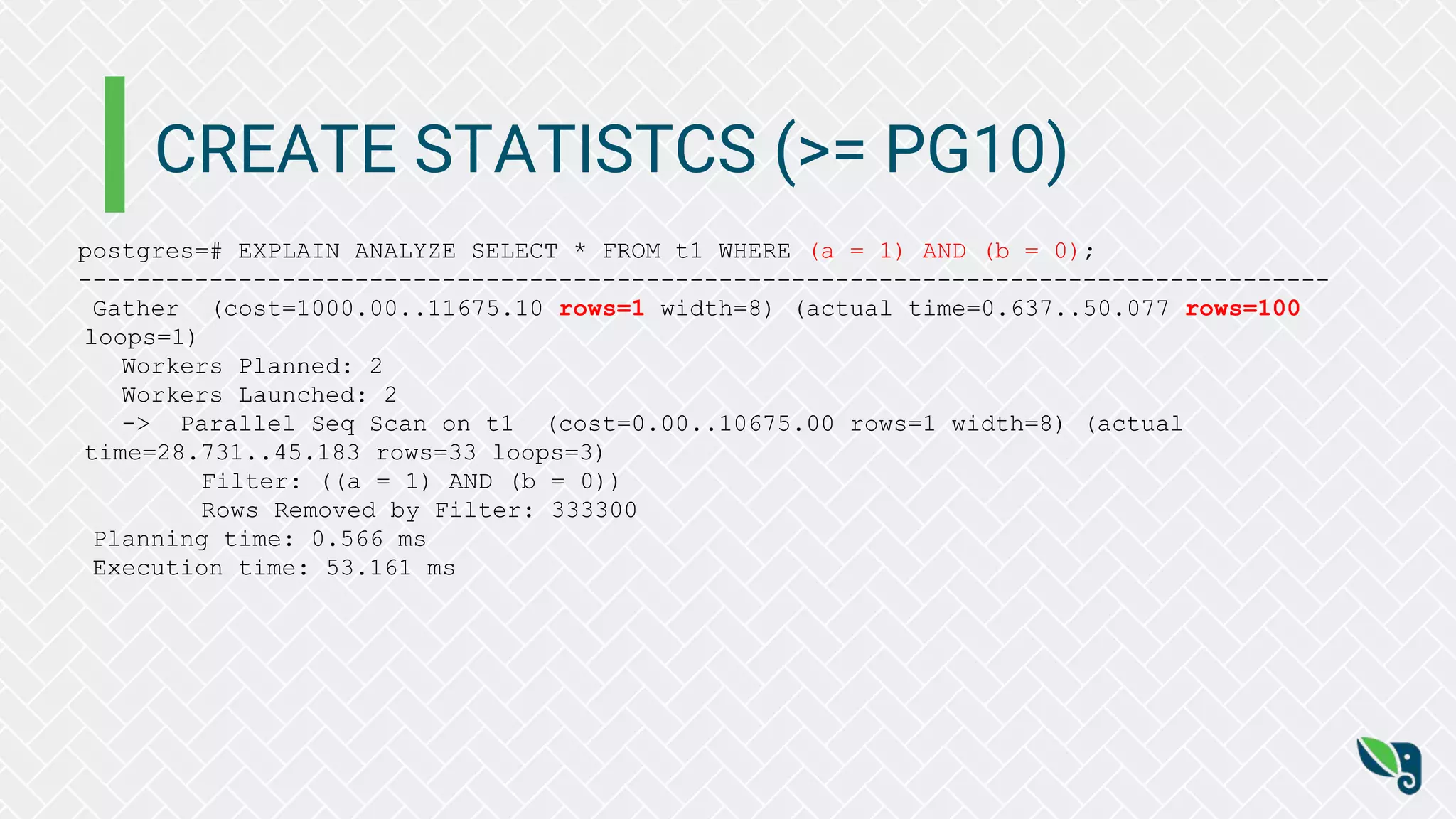 CREATE STATISTCS (>= PG10)
postgres=# EXPLAIN ANALYZE SELECT * FROM t1 WHERE (a = 1) AND (b = 0);
--------------------------------------------------------------------------------------
Gather (cost=1000.00..11675.10 rows=1 width=8) (actual time=0.637..50.077 rows=100
loops=1)
Workers Planned: 2
Workers Launched: 2
-> Parallel Seq Scan on t1 (cost=0.00..10675.00 rows=1 width=8) (actual
time=28.731..45.183 rows=33 loops=3)
Filter: ((a = 1) AND (b = 0))
Rows Removed by Filter: 333300
Planning time: 0.566 ms
Execution time: 53.161 ms
 