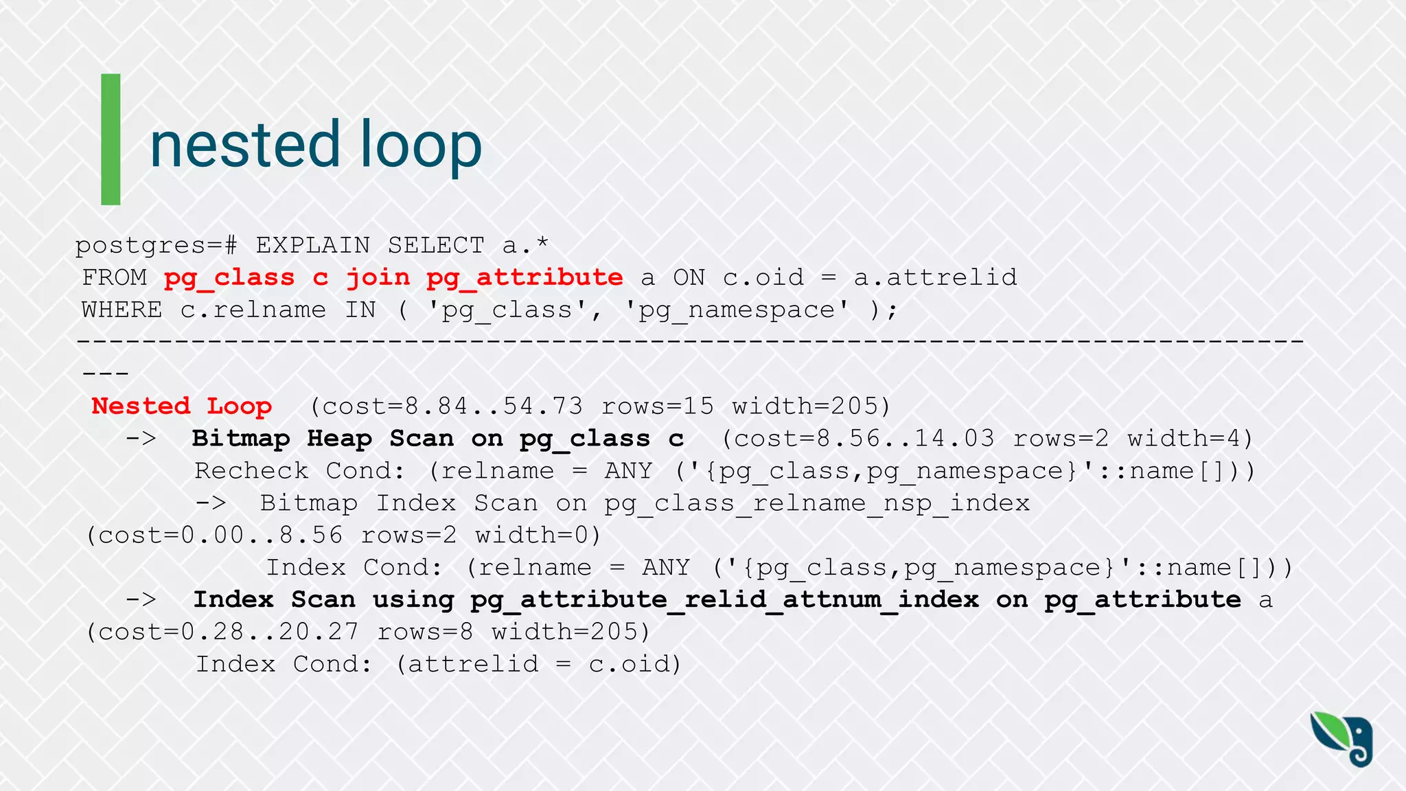 nested loop
postgres=# EXPLAIN SELECT a.*
FROM pg_class c join pg_attribute a ON c.oid = a.attrelid
WHERE c.relname IN ( 'pg_class', 'pg_namespace' );
---------------------------------------------------------------------------
---
Nested Loop (cost=8.84..54.73 rows=15 width=205)
-> Bitmap Heap Scan on pg_class c (cost=8.56..14.03 rows=2 width=4)
Recheck Cond: (relname = ANY ('{pg_class,pg_namespace}'::name[]))
-> Bitmap Index Scan on pg_class_relname_nsp_index
(cost=0.00..8.56 rows=2 width=0)
Index Cond: (relname = ANY ('{pg_class,pg_namespace}'::name[]))
-> Index Scan using pg_attribute_relid_attnum_index on pg_attribute a
(cost=0.28..20.27 rows=8 width=205)
Index Cond: (attrelid = c.oid)
 