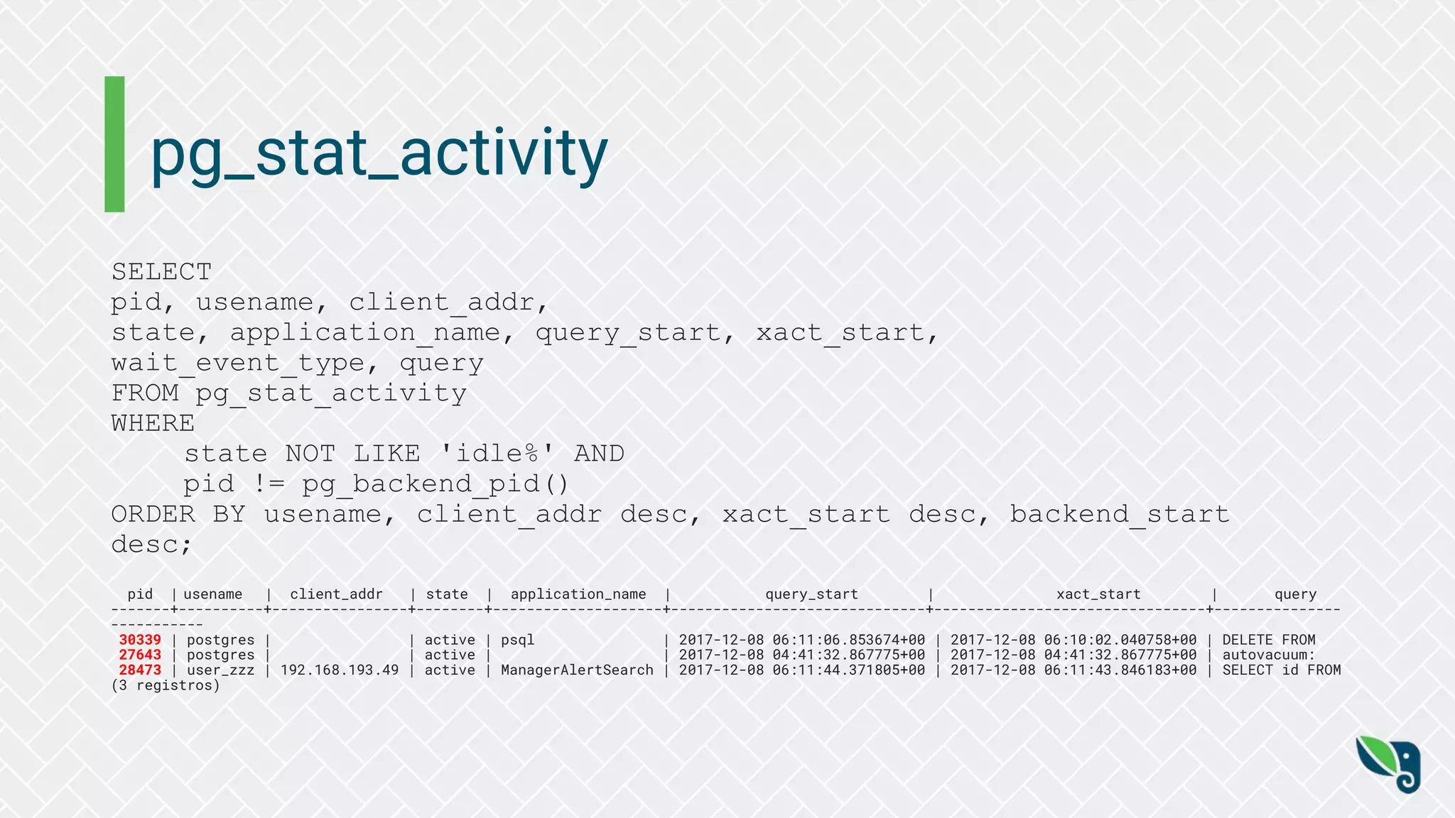pg_stat_activity
SELECT
pid, usename, client_addr,
state, application_name, query_start, xact_start,
wait_event_type, query
FROM pg_stat_activity
WHERE
state NOT LIKE 'idle%' AND
pid != pg_backend_pid()
ORDER BY usename, client_addr desc, xact_start desc, backend_start
desc;
pid | usename | client_addr | state | application_name | query_start | xact_start | query
-------+----------+----------------+--------+--------------------+------------------------------+--------------------------------+---------------
-----------
30339 | postgres | | active | psql | 2017-12-08 06:11:06.853674+00 | 2017-12-08 06:10:02.040758+00 | DELETE FROM
27643 | postgres | | active | | 2017-12-08 04:41:32.867775+00 | 2017-12-08 04:41:32.867775+00 | autovacuum:
28473 | user_zzz | 192.168.193.49 | active | ManagerAlertSearch | 2017-12-08 06:11:44.371805+00 | 2017-12-08 06:11:43.846183+00 | SELECT id FROM
(3 registros)
 