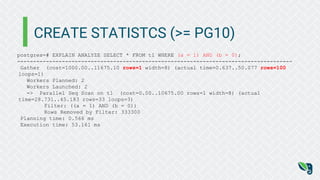 CREATE STATISTCS (>= PG10)
postgres=# EXPLAIN ANALYZE SELECT * FROM t1 WHERE (a = 1) AND (b = 0);
--------------------------------------------------------------------------------------
Gather (cost=1000.00..11675.10 rows=1 width=8) (actual time=0.637..50.077 rows=100
loops=1)
Workers Planned: 2
Workers Launched: 2
-> Parallel Seq Scan on t1 (cost=0.00..10675.00 rows=1 width=8) (actual
time=28.731..45.183 rows=33 loops=3)
Filter: ((a = 1) AND (b = 0))
Rows Removed by Filter: 333300
Planning time: 0.566 ms
Execution time: 53.161 ms
 
