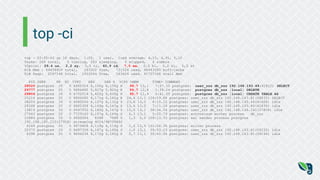 top -ci
top - 05:55:43 up 16 days, 1:05, 1 user, load average: 4,15, 4,91, 5,10
Tasks: 268 total, 5 running, 263 sleeping, 0 stopped, 0 zombie
%Cpu(s): 29,4 us, 2,2 sy, 0,0 ni, 60,9 id, 7,0 wa, 0,0 hi, 0,2 si, 0,3 st
KiB Mem : 49458404 total, 283300 free, 731524 used, 48443580 buff/cache
KiB Swap: 2097148 total, 1933544 free, 163604 used. 41707168 avail Mem
PID USER PR NI VIRT RES SHR S %CPU %MEM TIME+ COMMAND
28020 postgres 20 0 6685304 6,156g 6,150g R 99,7 13,1 7:37.10 postgres: user_zzz db_zzz 192.168.193.49(41822) SELECT
29777 postgres 20 0 6686492 5,927g 5,920g R 99,7 12,6 1:39.24 postgres: postgres db_zzz [local] DELETE
29804 postgres 20 0 6702516 5,622g 5,605g R 95,7 11,9 0:41.25 postgres: postgres db_zzz [local] CREATE TABLE AS
25214 postgres 20 0 6696060 6,171g 6,160g R 24,6 13,1 104:59.68 postgres: user_zzz db_zzz 192.168.163.81(58832) SELECT
28205 postgres 20 0 6685260 6,137g 6,131g S 23,6 13,0 6:10.22 postgres: user_zzz db_zzz 192.168.193.49(41828) idle
28268 postgres 20 0 6685308 6,149g 6,143g S 13,6 13,0 7:11.18 postgres: user_zzz db_zzz 192.168.193.49(41830) idle
13819 postgres 20 0 6697552 6,165g 6,147g S 12,0 13,1 36:54.04 postgres: user_zzz db_zzz 192.168.149.241(37806) idle
27643 postgres 20 0 7729100 6,167g 6,144g S 6,3 13,1 5:02.79 postgres: autovacuum worker process db_zzz
23484 postgres 20 0 6680064 8348 7888 S 1,3 0,0 109:13.33 postgres: wal sender process postgres
192.168.185.210(57958) streaming 4C24/9B795B90
6149 postgres 20 0 6679408 6,119g 6,119g S 1,0 13,0 151:08.36 postgres: writer process
22375 postgres 20 0 6687356 6,167g 6,160g S 1,0 13,1 39:53.23 postgres: user_zzz db_zzz 192.168.163.81(59232) idle
8398 postgres 20 0 6696236 6,172g 6,160g S 0,7 13,1 55:45.06 postgres: user_zzz db_zzz 192.168.163.81(59194) idle
 