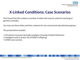 © 2009 NHS National Genetics Education and Development Centre Genetics and Genomics for Healthcare
www.geneticseducation.nhs.uk
X-Linked Conditions: Case Scenarios
This PowerPoint file contains a number of slides that may be useful for teaching of
genetics concepts.
You may use these slides and their contents for non-commercial educational purposes.
This presentation includes:
• A Duchenne muscular dystrophy pedigree showing X-linked inheritance
• A pedigree used to assess risk of DMD in offspring
• A DMD case scenario.
 