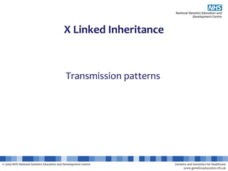 © 2009 NHS National Genetics Education and Development Centre Genetics and Genomics for Healthcare
www.geneticseducation.nhs.uk
X Linked Inheritance
Transmission patterns
 