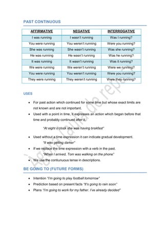 PAST CONTINUOUS
AFFIRMATIVE NEGATIVE INTERROGATIVE
I was running I wasn’t running Was I running?
You were running You weren’t running Were you running?
She was running She wasn’t running Was she running?
He was running He wasn’t running Was he running?
It was running It wasn’t running Was it running?
We were running We weren’t running Were we running?
You were running You weren’t running Were you running?
They were running They weren’t running Were they running?
USES
For past action which continued for some time but whose exact limits are
not known and are not important.
Used with a point in time, it expresses an action which began before that
time and probably continued after it.
“At eight o’clock she was having brakfast”
Used without a time expression it can indicate gradual development.
“It was getting darker”
If we replace the time expression with a verb in the past.
“When I arrived, Tom was walking on the phone”
We use the contiunuous tense in descriptions.
BE GOING TO (FUTURE FORMS)
Intention “I’m going to play football tomorrow”
Prediction based on present facts “It’s going to rain soon”
Plans “I’m going to work for my father. I’ve already decided”
 
