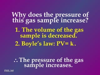 Why does the pressure of this gas sample increase? PHIL 160 The volume of the gas sample is decreased. 2. Boyle’s law: PV=  k .  The pressure of the gas sample increases. 