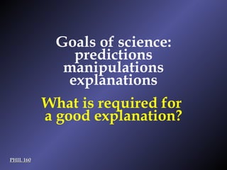 PHIL 160 Goals of science: predictions manipulations explanations What is required for  a good explanation? 