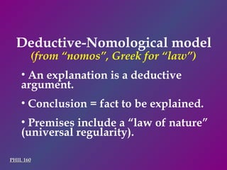 Deductive-Nomological model PHIL 160 An explanation is a deductive argument. Conclusion = fact to be explained. Premises include a “law of nature” (universal regularity). (from “nomos”, Greek for “law”) 