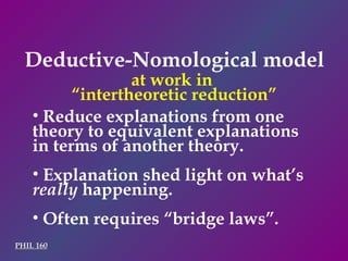 Deductive-Nomological model PHIL 160 Reduce explanations from one theory to equivalent explanations in terms of another theory. Explanation shed light on what’s  really  happening. Often requires “bridge laws”. at work in  “ intertheoretic reduction” 