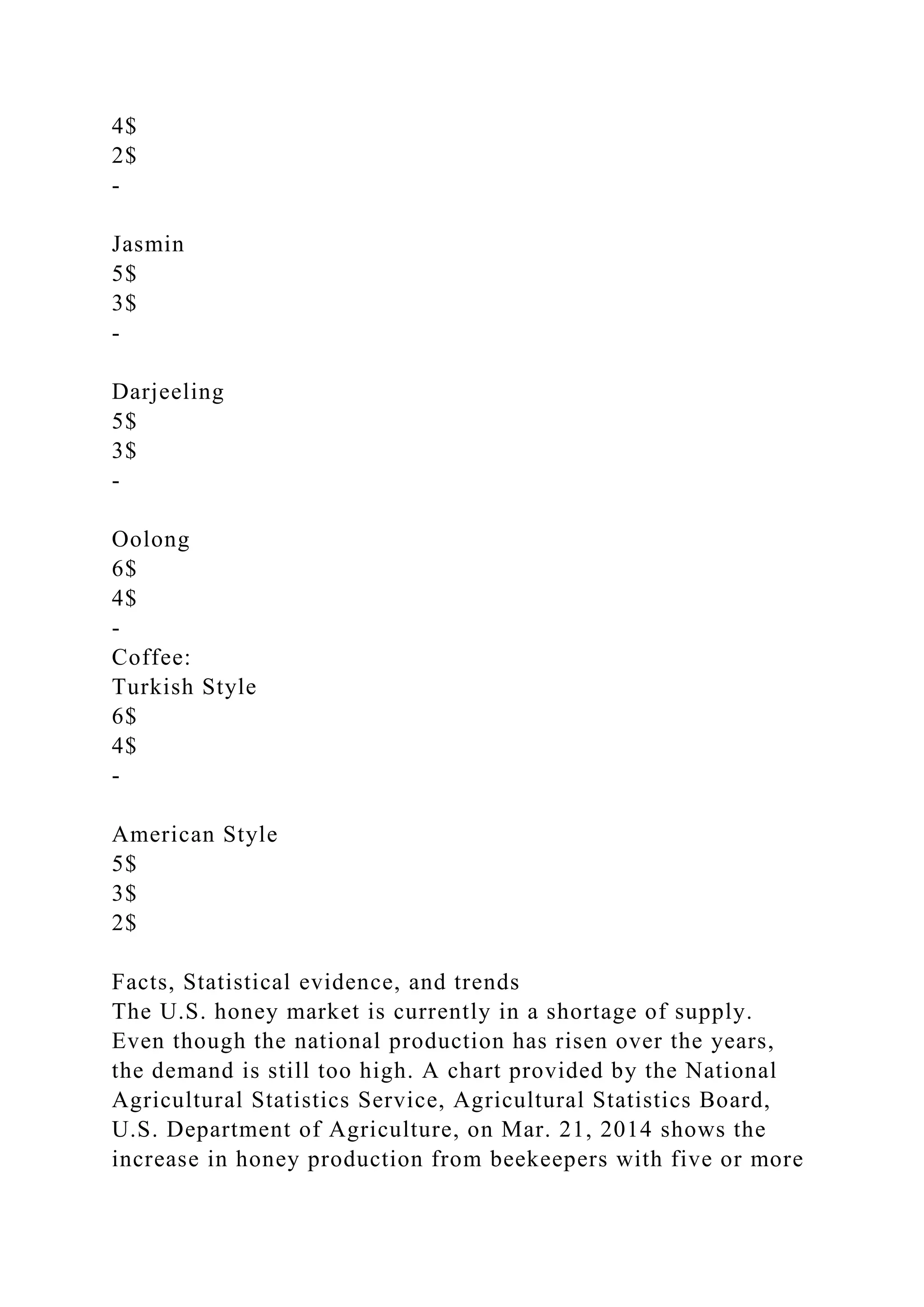 4$
2$
-
Jasmin
5$
3$
-
Darjeeling
5$
3$
-
Oolong
6$
4$
-
Coffee:
Turkish Style
6$
4$
-
American Style
5$
3$
2$
Facts, Statistical evidence, and trends
The U.S. honey market is currently in a shortage of supply.
Even though the national production has risen over the years,
the demand is still too high. A chart provided by the National
Agricultural Statistics Service, Agricultural Statistics Board,
U.S. Department of Agriculture, on Mar. 21, 2014 shows the
increase in honey production from beekeepers with five or more
 