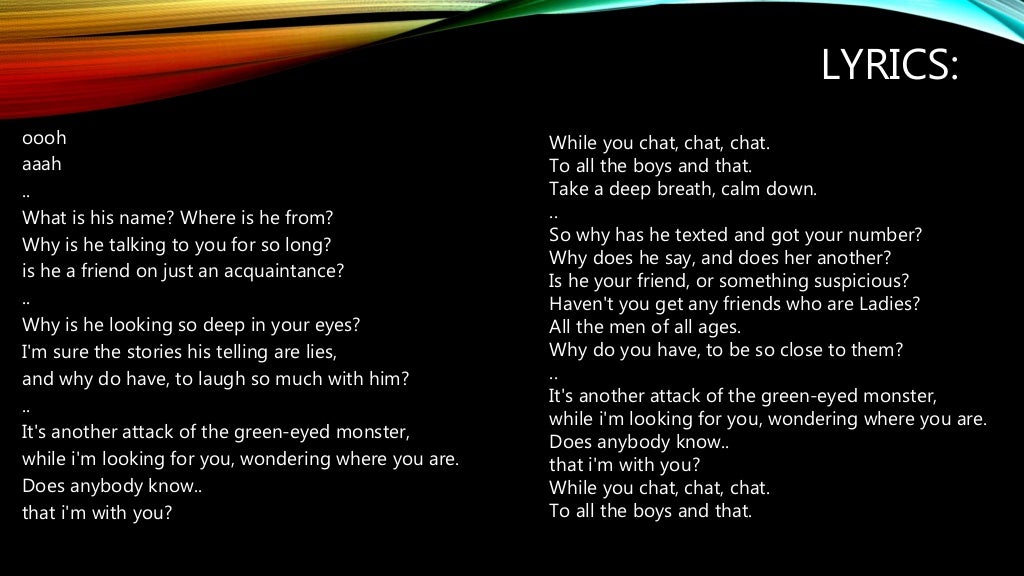 Analysis of Song Lyrics  Green Eyed Monster  The 1984