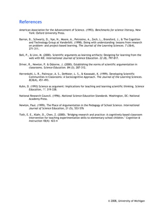 References
American Association for the Advancement of Science. (1993). Benchmarks for science literacy. New
       York: Oxford University Press.

Barron, B., Schwartz, D., Vye, N., Moore, A., Petrosino, A., Zech, L., Bransford, J., & The Cognition
        and Technology Group at Vanderbilt. (1998). Doing with understanding: lessons from research
        on problem- and project-based learning. The Journal of the Learning Sciences. 7 (3&4),
        271-311.

Bell, P., & Linn, M. (2000). Scientific arguments as learning artifacts: Designing for learning from the
         web with KIE. International Journal of Science Education. 22 (8), 797-817.

Driver, R., Newton, P. & Osborne, J. (2000). Establishing the norms of scientific argumentation in
        classrooms. Science Education. 84 (3), 287-312.

Herrenkohl, L. R., Palinscar, A. S., DeWater, L. S., & Kawasaki, K. (1999). Developing Scientific
       Communities in Classrooms: A Sociocognitive Approach. The Journal of the Learning Sciences.
       8(3&4), 451-493.

Kuhn, D. (1993) Science as argument: Implications for teaching and learning scientific thinking. Science
       Education, 77, 319-338.

National Research Council. (1996). National Science Education Standards. Washington, DC: National
        Academy Press.

Newton, Paul. (1999). The Place of Argumentation in the Pedagogy of School Science. International
       Journal of Science Education, 21 (5), 553-576

Toth, E. E., Klahr, D., Chen, Z. (2000). "Bridging research and practice: A cognitively based classroom
        intervention for teaching experimentation skills to elementary school children." Cognition &
        Instruction 18(4): 423-4




                                                                           © 2008, University of Michigan
 