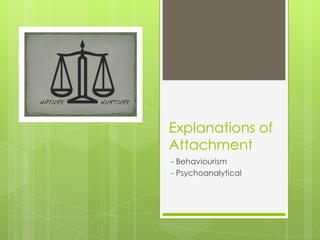 Explanations of
Attachment
- Behaviourism
- Psychoanalytical
 