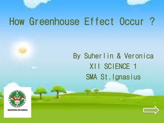 How Greenhouse Effect Occur ? 
By Suherlin & Veronica 
XII SCIENCE 1 
SMA St.Ignasius 
 