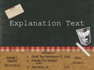 Explanation Text
Group 2 :
1. Dyah Ayu Intanasya P. (05)
2. Farida Nur Dadari
(06)
3. Ayu Setyo K. (11)
XIIA2
Group 2
SMAN 1
GEGER
2014/2015
 