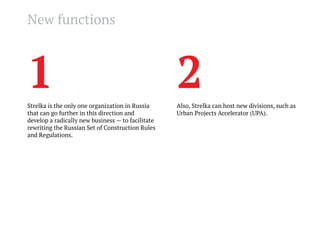 New functions

1

2

Strelka is the only one organization in Russia
that can go further in this direction and
develop a radically new business — to facilitate
rewriting the Russian Set of Construction Rules
and Regulations.

Also, Strelka can host new divisions, such as
Urban Projects Accelerator (UPA).

 