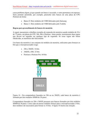 Sua Oficina Virtual – http://waytech.sites.uol.com.br – analfabetismo digital nunca mais.
--------------------------------------------------------------------------------------------------------------
causa problema algum, já que quando um banco é acessado, o outro permanece em repouso.
Seria portanto permitido, por exemplo, preencher dois bancos de uma placa de CPU
Pentium da forma:
• Banco 0: Dois módulos de 8 MB fabricados pela Samsung
• Banco 1: Dois módulos de 8 MB fabricados pela Toshiba
Regras para preenchimento de bancos de memória
A seguir, passaremos a detalhar exemplos de expansão de memória usando módulos de 30 e
de 72 pinos, em placas de CPU 386, 486 e Pentium. Antes porém, mostraremos duas regras
que devem ser seguidas em qualquer tipo de expansão. Se essas regras não forem
obedecidas, as memórias não funcionarão.
Um banco de memória é um conjunto de módulos de memória, suficientes para fornecer os
bits que o microprocessador exige:
• 286 e 386SX: 16 bits
• 386DX e 486: 32 bits
• Pentium e Pentium Pro: 64 bits
Figura 16 - Em computadores baseados no 286 ou no 386SX, cada banco de memória é
formado por dois módulos SIMM de 30 pinos.
Computadores baseados no 286 e 386SX possuem seus bancos formados por dois módulos
SIMM de 30 pinos. Como cada um desses módulos fornece para o microprocessador, 8 bits,
dois módulos são necessários para formar os 16 bits. A figura 16 ilustra esta situação.
22
 