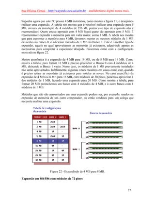 Sua Oficina Virtual – http://waytech.sites.uol.com.br – analfabetismo digital nunca mais.
--------------------------------------------------------------------------------------------------------------
Suponha agora que este PC possui 4 MB instalados, como mostra a figura 21, e desejamos
realizar uma expansão. A tabela nos mostra que é possível realizar uma expansão para 5
MB, através da instalação de 4 módulos de 256 kB, porém este tipo de expansão não é
recomendável. Quem estava apertado com 4 MB ficará quase tão apertado com 5 MB. É
recomendável expandir a memória para um valor maior, como 8 MB. A tabela nos mostra
que para aumentar a memória para 8 MB, devemos manter os mesmos módulos de 1 MB
existentes no Banco 0, e adicionar módulos de 1 MB no Banco 1. Este é o melhor tipo de
expansão, aquele no qual aproveitamos as memórias já existentes, adquirindo apenas as
necessárias para completar a capacidade desejada. Ficaremos então com a configuração
mostrada na figura 22.
Menos econômica é a expansão de 4 MB para 16 MB, ou de 8 MB para 16 MB. Como
mostra a tabela, para formar 16 MB é preciso preencher o Banco 0 com 4 módulos de 4
MB, deixando o Banco 1 vazio. Nesse caso, os módulos de 1 MB previamente instalados
não serão aproveitados. Infelizmente, algumas vezes recaímos em casos como este, quando
é preciso retirar as memórias já existentes para instalar as novas. No caso específico da
expansão de 4 MB ou 8 MB para 16 MB, com módulos de 30 pinos, podemos aproveitar 4
dos módulos de 1 MB, fazendo uma expansão para 20 MB. Como mostra a tabela, para
formar 20 MB preenchemos um banco com 4 módulos de 4 MB, e o outro banco com 4
módulos de 1 MB.
Módulos que não são aproveitados em uma expansão podem ser, por exemplo, usados na
expansão de memória de um outro computador, ou então vendidos para um colega que
necessite realizar uma expansão.
Figura 22 - Expandindo de 4 MB para 8 MB.
Expansão em 486/586 com módulos de 72 pinos
27
 