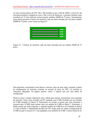 Sua Oficina Virtual – http://waytech.sites.uol.com.br – analfabetismo digital nunca mais.
--------------------------------------------------------------------------------------------------------------
As mais recentes placas de CPU 486 e 586 (lembre-se que o 586 da AMD e o da Cyrix são
microprocessadores compatíveis com o 486 a nível de hardware, e portanto também usam
memórias de 32 bits) utilizam exclusivamente módulos SIMM de 72 pinos. Normalmente
essas placas possuem 4 bancos de memória, cada um deles formado por um único módulo
SIMM de 72 pinos, como vemos na figura 23.
Figura 23 - 4 bancos de memória, cada um deles formados por um módulo SIMM de 72
pinos.
Para preencher corretamente esses bancos é preciso, antes de mais nada, consultar a tabela
de configurações de memória existente no manual da placa de CPU. Lá existirão as
instruções adequadas. Na página anterior vemos o aspecto que tem esta tabela de
configuração.
Observe como é sempre importante usar a tabela para realizar corretamente uma expansão
de memória. Tome como exemplo um PC equipado com 8 MB, formados por um módulo
de 8 MB instalado no Banco 0. Poderíamos ser levados a pensar que, para aumentar a
memória para 16 MB, basta instalar mais um módulo de 8 MB no Banco 1. Entretanto, a
tabela mostra que nesta expansão, o segundo módulo de 8 MB deve ser instalado no Banco
2, e não no Banco 1. Dependendo da placa de CPU usada, pode ser válida a configuração de
16 MB na qual os bancos 0 e 1 são equipados com módulos de 8 MB. A única forma de ter
28
 