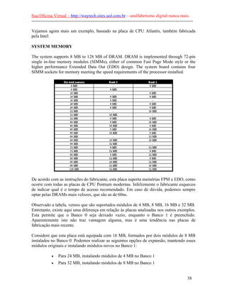 Sua Oficina Virtual – http://waytech.sites.uol.com.br – analfabetismo digital nunca mais.
--------------------------------------------------------------------------------------------------------------
Vejamos agora mais um exemplo, baseado na placa de CPU Atlantis, também fabricada
pela Intel:
SYSTEM MEMORY
The system supports 8 MB to 128 MB of DRAM. DRAM is implemented through 72-pin
single in-line memory modules (SIMMs), either of common Fast Page Mode style or the
higher performance Extended Data Out (EDO) design. The system board contains four
SIMM sockets for memory meeting the speed requirements of the processor installed.
De acordo com as instruções do fabricante, esta placa suporta memórias FPM e EDO, como
ocorre com todas as placas de CPU Pentium modernas. Infelizmente o fabricante esqueceu
de indicar qual é o tempo de acesso recomendado. Em caso de dúvida, podemos sempre
optar pelas DRAMs mais velozes, que são as de 60ns.
Observado a tabela, vemos que são suportados módulos de 4 MB, 8 MB, 16 MB e 32 MB.
Entretanto, existe aqui uma diferença em relação às placas analisadas nos outros exemplos.
Esta permite que o Banco 0 seja deixado vazio, enquanto o Banco 1 é preenchido.
Aparentemente isto não traz vantagem alguma, mas é uma tendência nas placas de
fabricação mais recente.
Considere que esta placa está equipada com 16 MB, formados por dois módulos de 8 MB
instalados no Banco 0. Podemos realizar as seguintes opções de expansão, mantendo esses
módulos originais e instalando módulos novos no Banco 1:
• Para 24 MB, instalando módulos de 4 MB no Banco 1
• Para 32 MB, instalando módulos de 8 MB no Banco 1
38
 