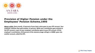 Provision of Higher Pension under the
Employees’ Pension Scheme,1995
What is EPS- Every month, 12 percent of your basic salary goes to your EPF account. Your
employer matches that with another 12 percent. While your contribution goes entirely to
the EPF account, a part of your employer contribution goes to your EPS account. Of the
employer’s contribution, 8.33 percent of the statutory wage ceiling( i.e 15000) goes into
another account, called the EPS.
 