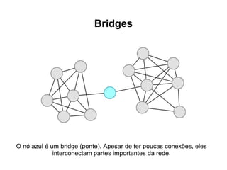 Bridges




O nó azul é um bridge (ponte). Apesar de ter poucas conexões, eles
             interconectam partes importantes da rede.
 