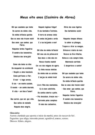 Meus oito anos (Casimiro de Abreu)

  Oh! que saudades que tenho        Naquele ingênuo folgar!         Atrás das asas ligeiras
   Da aurora da minha vida,        O céu bordado d'estrelas,         Das borboletas azuis!
  Da minha infância querida        A terra de aromas cheia
 Que os anos não trazem mais!     As ondas beijando a areia        Naqueles tempos ditosos
  Que amor, que sonhos, que         E a lua beijando o mar!          Ia colher as pitangas,
           flores,
                                                                  Trepava a tirar as mangas,
  Naquelas tardes fagueiras
                                  Oh! dias da minha infância!      Brincava à beira do mar;
  À sombra das bananeiras,
                                  Oh! meu céu de primavera!        Rezava às Ave-Marias,
    Debaixo dos laranjais!
                                   Que doce a vida não era        Achava o céu sempre lindo.
                                     Nessa risonha manhã!            Adormecia sorrindo
   Como são belos os dias
                                 Em vez das mágoas de agora,        E despertava a cantar!
  Do despontar da existência!
                                    Eu tinha nessas delícias
  - Respira a alma inocência
                                   De minha mãe as carícias       Oh! que saudades que tenho
    Como perfumes a flor;
                                    E beijos de minhã irmã!        Da aurora da minha vida,
    O mar - é lago sereno,
                                                                  Da minha infância querida
  O céu - um manto azulado,
                                  Livre filho das montanhas,     Que os anos não trazem mais!
O mundo - um sonho dourado,
                                     Eu ia bem satisfeito,       - Que amor, que sonhos, que
  A vida - um hino d'amor!                                                 flores,
                                   Da camisa aberta o peito,
                                                                  Naquelas tardes fagueiras
                                 - Pés descalços, braços nus -
Que aurora, que sol, que vida,                                     A sombra das bananeiras
                                   Correndo pelas campinas
    Que noites de melodia                                           Debaixo dos laranjais!
                                    A roda das cachoeiras,
     Naquela doce alegria,

Glossário:
Aurora: claridade que aponta o início da manhã, antes do nascer do Sol .
Fagueiras: que afaga, transmite prazer; agradável, ameno, sereno.
Ditosos: felizes, alegres.
 