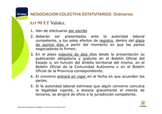 NEGOCIACIÓN COLECTIVA ESTATUTARIOS: Ordinarios

Art 90 ET Validez.
1. Han de efectuarse por escrito
2. deberán ser presentados ante la autoridad laboral
competente, a los solos efectos de registro, dentro del plazo
de quince días a partir del momento en que las partes
negociadoras lo firmen.
3. En el plazo máximo de diez días desde la presentación su
publicación obligatoria y gratuita en el Boletín Oficial del
Estado o, en función del ámbito territorial del mismo, en el
Boletín Oficial de la Comunidad Autónoma o en el Boletín
Oficial de la Provincia correspondiente.
4. El convenio entrará en vigor en al fecha en que acuerden las
partes.
5. Si la autoridad laboral estimase que algún convenio conculca
la legalidad vigente, o lesiona gravemente el interés de
terceros, se dirigirá de oficio a la jurisdicción competente.

©Diapositivas Recopiladas por Ucomur: D. Francisco José Hernández Carrillo.

 