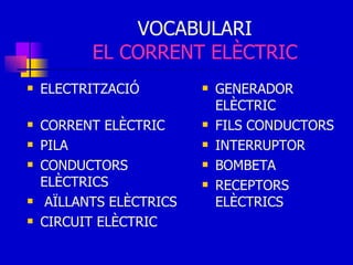 VOCABULARI EL CORRENT ELÈCTRIC ELECTRITZACIÓ  CORRENT ELÈCTRIC PILA CONDUCTORS ELÈCTRICS AÏLLANTS ELÈCTRICS CIRCUIT ELÈCTRIC GENERADOR ELÈCTRIC FILS CONDUCTORS INTERRUPTOR BOMBETA RECEPTORS ELÈCTRICS 