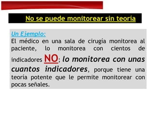 No se puede monitorear sin teoría
Un Ejemplo:
El médico en una sala de cirugía monitorea al
paciente, lo monitorea con cientos de
indicadores NO; lo monitorea con unas
cuantos indicadores, porque tiene una
teoría potente que le permite monitorear con
pocas señales.
 