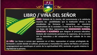 LIBRO / VIÑA DEL SEÑOR
LIBRO: Símbolo de la ciencia, del conocimiento y la sabiduría;
muestra las posibilidades que la institución ofrece a los
estudiantes de formarse y convertirse en miembros
constructivos de la sociedad a través de la formación integral.
Las hojas del libro representan las DIMENSIONES HUMANA,
ESPIRITUAL Y ACADÉMICA que integran el proceso educativo.
Símbolo del crecimiento personal y la esperanza, de la armonía
con la naturaleza y del compromiso del cuidado de la casa
común.
LA VIÑA: Las líneas o surcos que aparecen en el libro, representan el campo privilegiado de
formación y acción donde se cultivan, promueven y transmiten los valores del Reino y el carisma
congregacional que constituyen el centro de la espiritualidad HFIC, teniendo en grado máximo la
dignidad de la persona.
 