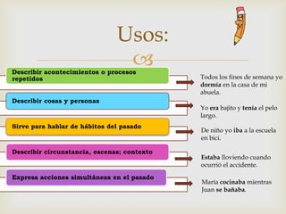 Usos:Todos los fines de semana yodormíaenla casa de mi abuela.Yoerabajito y teníael pelo largo.De niñoyoibaa laescuelaenbici.Estaballoviendocuandoocurrióelaccidente.Maríacocinabamientras Juan se bañaba.