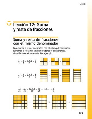 LECCIÓN




Lección 12: Suma
y resta de fracciones

Suma y resta de fracciones
con el mismo denominador
Para sumar o restar quebrados con el mismo denominador,
sumamos o restamos los numeradores y, si queremos,
simplificamos el resultado. Por ejemplo:


    1 + 2 = 1+2 = 3              +          =
    4 4      4    4




    3 + 5 = 3+5 = 8              +          =
    7 7      7    7




    13 - 3 = 13 + 3 = 10 = 13 ¸ = 2
    25 25      25     25          5




               —                  =                  =




                                                          129
 