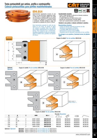 www.cmtutensili.com
Lamecircolari
Sierrascirculares
Testeecoltelli
Cabezalesycuchillas
Freseeset
H.tasdemangoparafresadora
FreseemandriniperCNC
H.tasparapantógrafosCNC
Punteperforatrici
H.tasparataladradoras
Punteperelettroutensili
H.tasparataladros
Ricambi
Recambios
Strumentieaccessori
Máquinasysistemas
Espositori
Expositores
61
Testa portacoltelli per antine, profilo e controprofilo
Cabezal portacuchillas para perfiles machihembrados
Esta herramienta presenta la unión de dos
fresas en una única. Al ajustar la altura
del cabezal es posible fresar dos perfiles
que encajan perfectamente sin pérdidas de
tiempo. Para máquinas tupí y combinadas.
Resultado excelente en todos los materiales,
ideal en madera dura y paneles con espesor
22-25mm.
Z2MAN
694.014
B
B C
C
D
D
Profili in scala 1:1
Perfiles a escala 1:1
Optional:/Opcional:	 695.014B	 Coppia di coltelli tipo (B)/Par de cuchillas tipo (B) 40x24,5x2mm
	 695.014C	 Coppia di coltelli tipo (C)/Par de cuchillas tipo (C) 40x24,5x2mm
	 695.014D	 Coppia di coltelli tipo (D)/Par de cuchillas tipo (D) 40x24,5x2mm
5
5
B
D
8
8
A
A
40
12
14
Coppia di coltelli/Par de cuchillas 695.014A
Coppia di coltelli/Par de cuchillas 695.014B Coppia di coltelli/Par de cuchillas 695.014C
Coppia di coltelli/Par de cuchillas 695.014D
NR. #D
mm
B
mm
Z RPM
Ricambi/Recambios
	120	 30	 2	 6400~10500	 694.014.30	 695.014A	 695.999.39	 990.066.00	991.067.00
	120	 31,75	 2	 6400~10500	 694.014.31	 695.014A	 695.999.39	 990.066.00	991.067.00
	120	 35	 2	 6400~10500	 694.014.35	 695.014A	 695.999.39	990.066.00	 991.067.00
	120	 40	 2	 6400~10500	 694.014.40	 695.014A	 695.999.39	 990.066.00	991.067.00
	130	 50	 2	 5900~9700	 694.014.50	 695.014A	 695.999.39	 990.066.00	991.067.00
Quest’utensile rappresenta l’unione di due
frese in un solo strumento. Regolando l’altez-
za della testa è possibile tagliare due profili
che combaciano perfettamente senza perdite
di tempo. Da utilizzare su macchine toupie
e combinate. Risultato perfetto su legni duri
e pannelli con spessore da 22mm a 25mm.
Caratteristiche tecniche:
- Corpo in lega speciale di alluminio ad elevata resistenza
alla trazione e alla flessione
- 2 coltelli HWM tipo (A) 40x24,5x2mm [Z2]
- Utensile per avanzamento manuale (MAN)
- Spine per il posizionamento automatico dei coltelli.
Vendute in una pratica e robusta confezione in plastica.
Características técnicas:
-	 Cuerpo de aleación especial de aluminio de alta
resistencia a la tracción y la flexión
-	 2 cuchillas HWM 40x24,5x2mm [Z2]
-	 Herramienta de avance manual (MAN)
-	 Pasadores para la colocación automática de las cuchillas.
Se entregan en un práctico y funcional envase de plástico
rígido.
INSERT
CARBIDE
Optional
Opcional
Standard
Estándar
x2
 