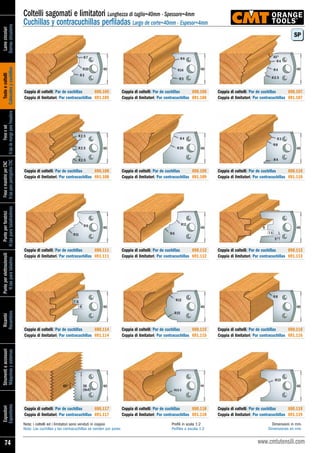 Lamecircolari
Sierrascirculares
Testeecoltelli
Cabezalesycuchillas
Freseeset
H.tasdemangoparafresadora
FreseemandriniperCNC
H.tasparapantógrafosCNC
Punteperforatrici
H.tasparataladradoras
Punteperelettroutensili
H.tasparataladros
Ricambi
Recambios
Strumentieaccessori
Máquinasysistemas
Espositori
Expositores
74 www.cmtutensili.com
Coltelli sagomati e limitatori Lunghezza di taglio=40mm - Spessore=4mm
Cuchillas y contracuchillas perfiladas Largo de corte=40mm - Espesor=4mm
40R10
R3
R7
Coppia di coltelli/Par de cuchillas	 690.105
Coppia di limitatori/Par contracuchillas	 691.105
40
R3
R14
R6
Coppia di coltelli/Par de cuchillas	 690.106
Coppia di limitatori/Par contracuchillas	 691.106
40
R2.5
R4
R4
Coppia di coltelli/Par de cuchillas	 690.107
Coppia di limitatori/Par contracuchillas	 691.107
40
R2.5
R2.5
R2.5
Coppia di coltelli/Par de cuchillas	 690.108
Coppia di limitatori/Par contracuchillas	 691.108
40R20
R4
Coppia di coltelli/Par de cuchillas	 690.109
Coppia di limitatori/Par contracuchillas	 691.109
40
R8
R4
R3
Coppia di coltelli/Par de cuchillas	 690.110
Coppia di limitatori/Par contracuchillas	 691.110
40
R11
R6
Coppia di coltelli/Par de cuchillas	 690.111
Coppia di limitatori/Par contracuchillas	 691.111
40
R11
R6
Coppia di coltelli/Par de cuchillas	 690.112
Coppia di limitatori/Par contracuchillas	 691.112
406
7.5
Coppia di coltelli/Par de cuchillas	 690.113
Coppia di limitatori/Par contracuchillas	 691.113
406
7.5
Coppia di coltelli/Par de cuchillas	 690.114
Coppia di limitatori/Par contracuchillas	 691.114
40
R15
R12
Coppia di coltelli/Par de cuchillas	 690.115
Coppia di limitatori/Par contracuchillas	 691.115
40
R8
Coppia di coltelli/Par de cuchillas	 690.116
Coppia di limitatori/Par contracuchillas	 691.116
4036
(9x4)
Coppia di coltelli/Par de cuchillas	 690.117
Coppia di limitatori/Par contracuchillas	 691.117
40
R13.5
Coppia di coltelli/Par de cuchillas	 690.118
Coppia di limitatori/Par contracuchillas	 691.118
40
R13
Coppia di coltelli/Par de cuchillas	 690.119
Coppia di limitatori/Par contracuchillas	 691.119
SP
Nota: i coltelli ed i limitatori sono venduti in coppia	 Profili in scala 1:2	 Dimensioni in mm.
Nota: Las cuchillas y las contracuchillas se venden por pares	 Perfiles a escala 1:2	 Dimensiones en mm.
 