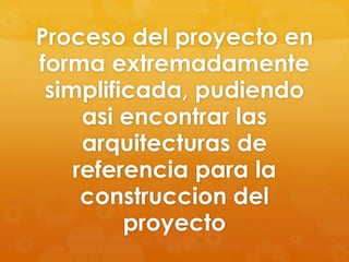 Proceso del proyecto en
forma extremadamente
simplificada, pudiendo
asi encontrar las
arquitecturas de
referencia para la
construccion del
proyecto
 
