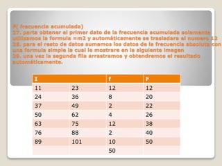 F( frecuencia acumulada)
27. parta obtener el primer dato de la frecuencia acumulada solamente
utilizamos la formula =m2 y automáticamente se trasladara el numero 12
28. para el resto de datos sumamos los datos de la frecuencia absoluta con
una formula simple la cual le mostrare en la siguiente imagen
29. una vez la segunda fila arrastramos y obtendremos el resultado
automáticamente.
I f F
11 23 12 12
24 36 8 20
37 49 2 22
50 62 4 26
63 75 12 38
76 88 2 40
89 101 10 50
50
 